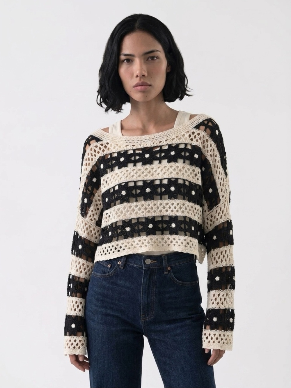 Black & Cream, Crochet Open-Knit Off-Shoulder Sweater Sz Small